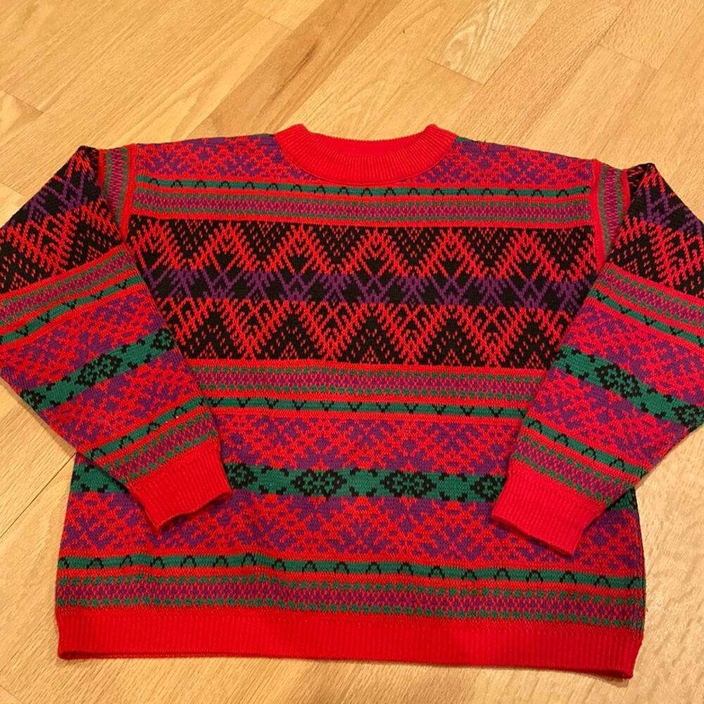 Lizwear Vintage 80s Cotton Crewneck Sweater Red striped small holiday ugly